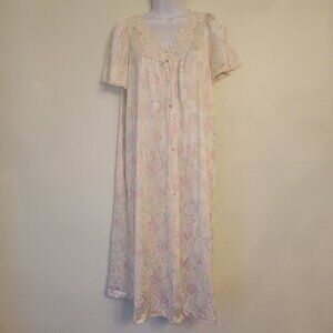 Vintage Vanity Fair Floral Nightgown Made In USA M Pink Green Lace Trim Summer‎